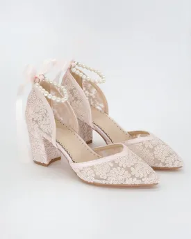 Dusty Pink Lace Block Heel Evening Shoes with All Pearls Ankle Strap