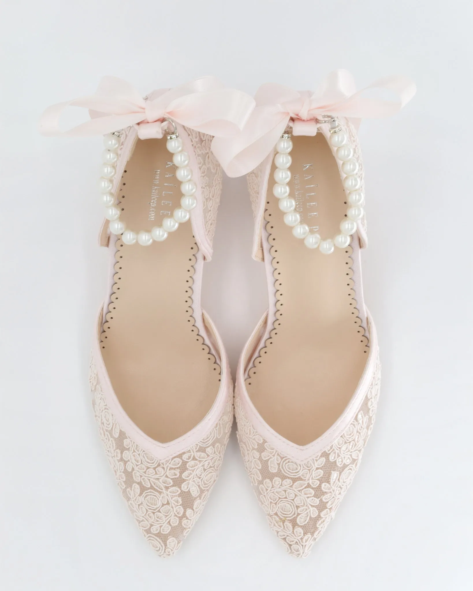 Dusty Pink Lace Block Heel Evening Shoes with All Pearls Ankle Strap
