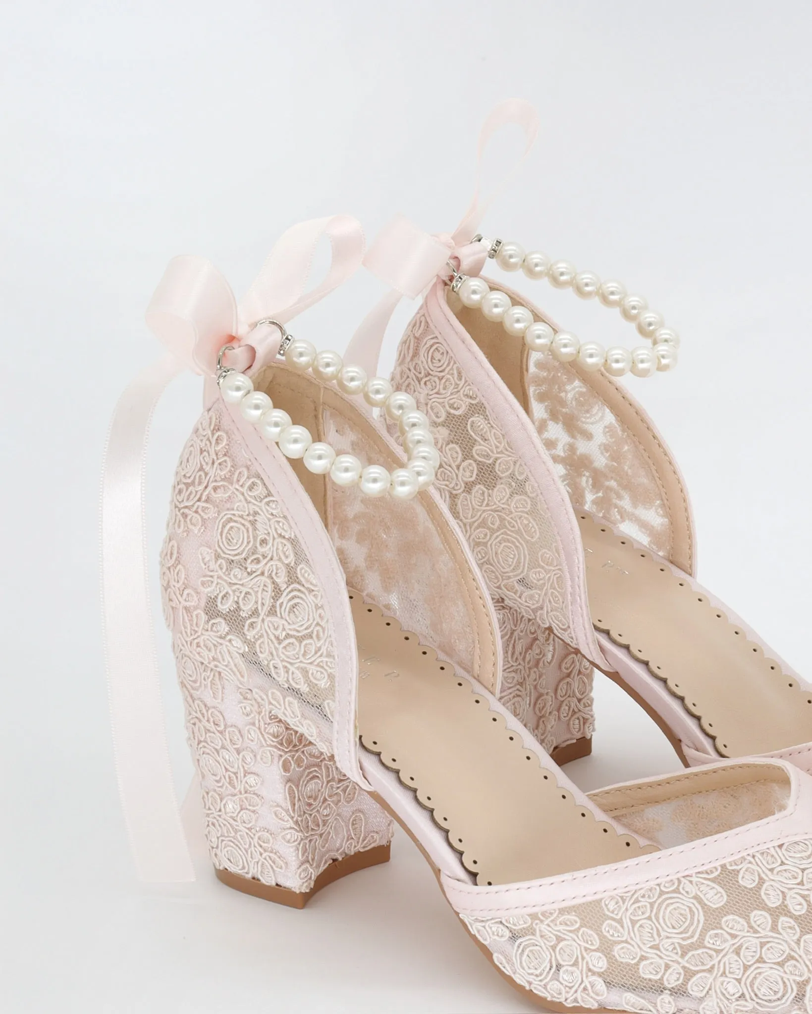 Dusty Pink Lace Block Heel Evening Shoes with All Pearls Ankle Strap