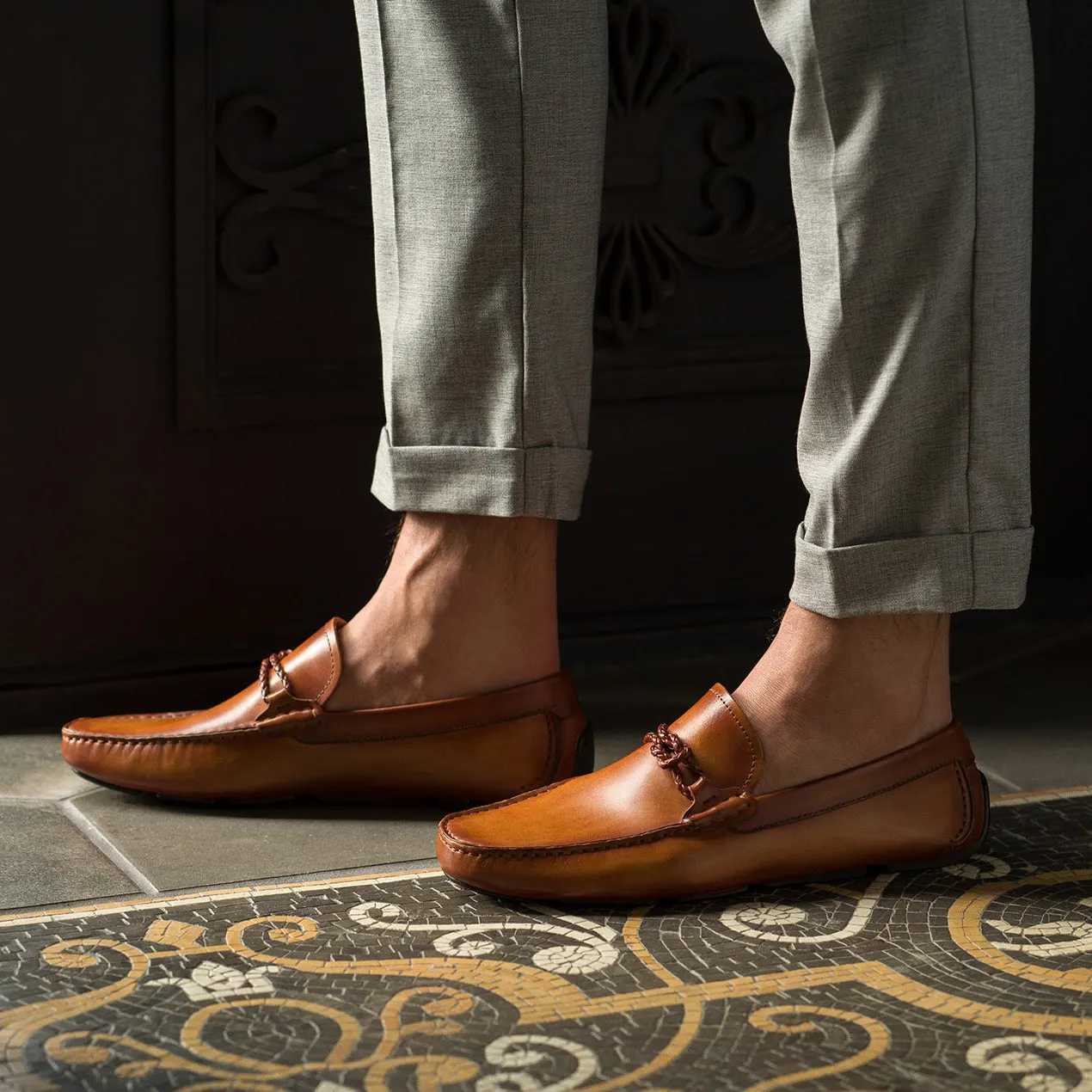 Height Increasing Tan Leather Davos Driving Loafers - AW22