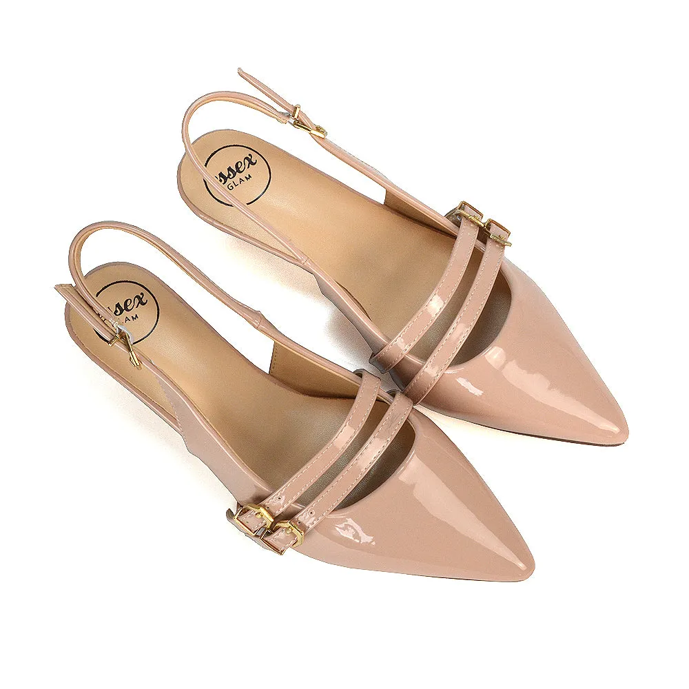 Kaden Kitten Heel Slingback Pointed Toe Buckle Strappy Court Heels in Nude Patent