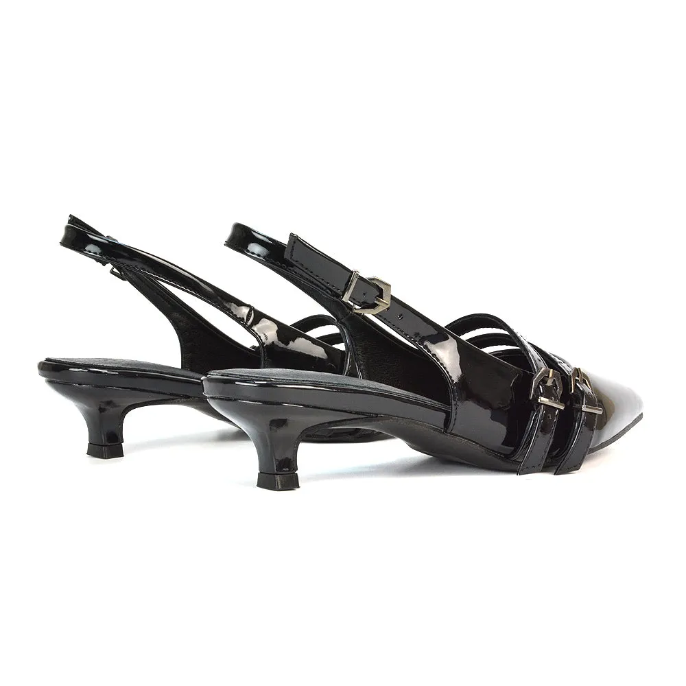 Kaden Kitten Heel Slingback Pointed Toe Buckle Strappy Court Heels in Nude Patent