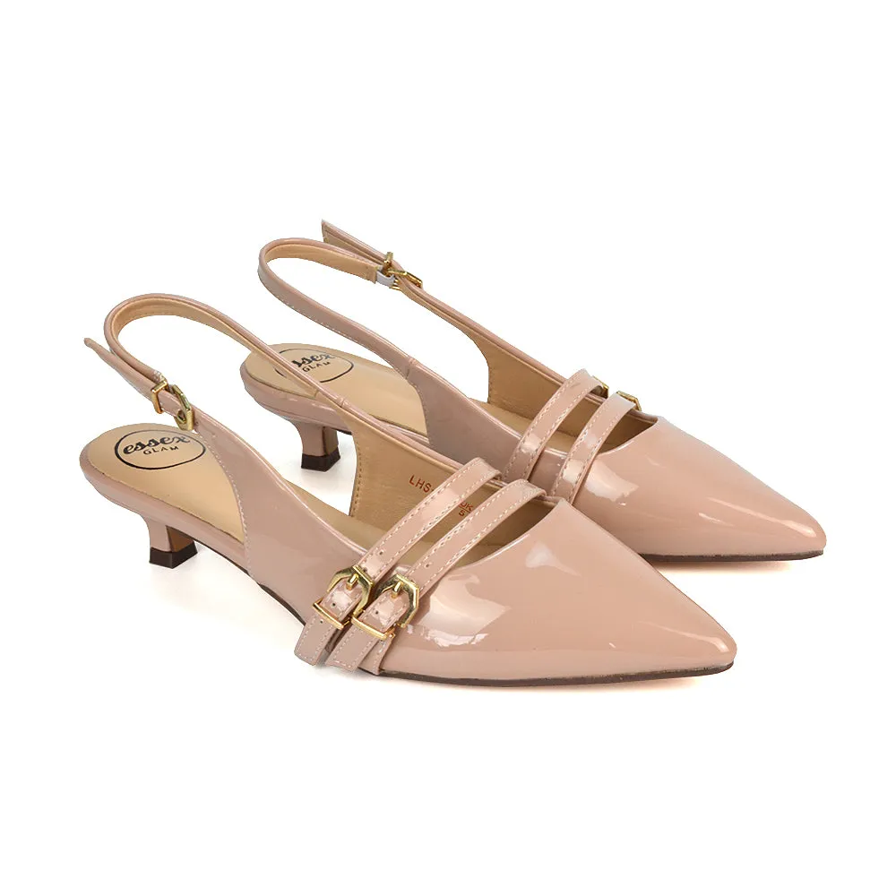 Kaden Kitten Heel Slingback Pointed Toe Buckle Strappy Court Heels in Nude Patent