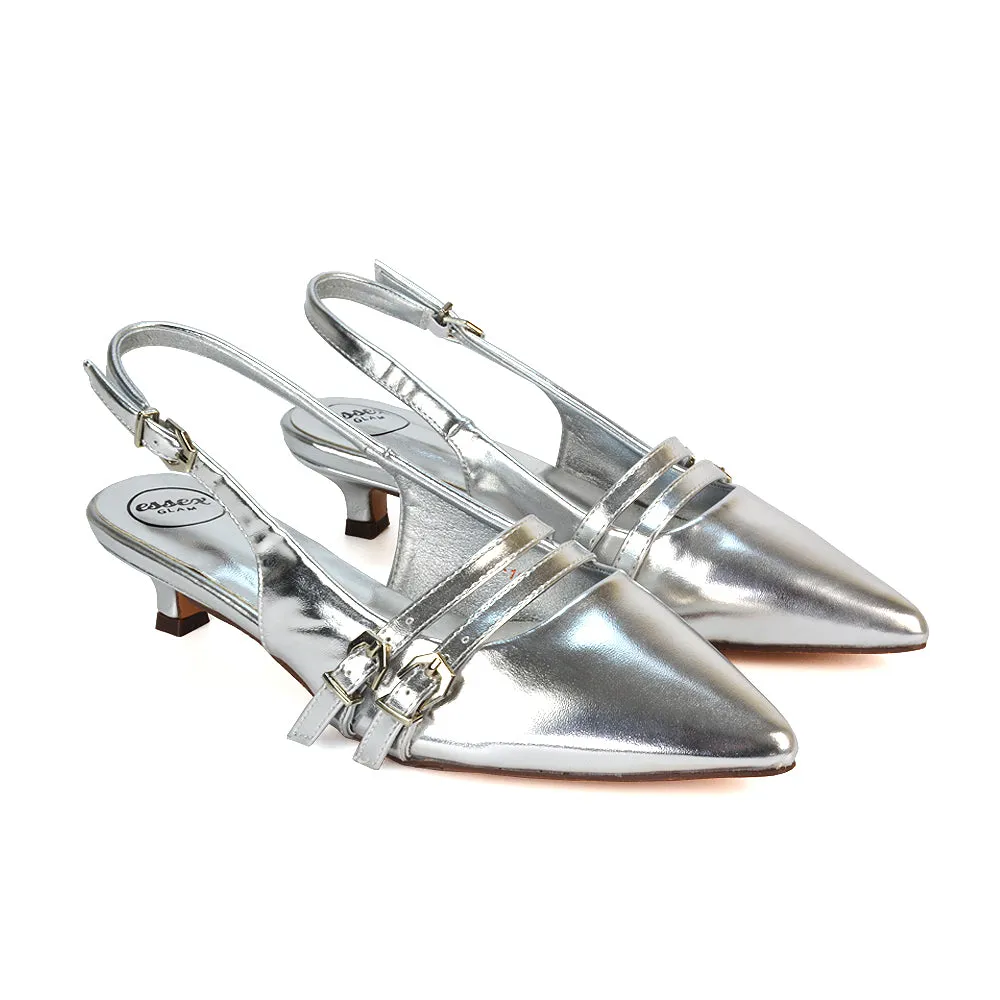 Kaden Kitten Heel Slingback Pointed Toe Buckle Strappy Court Heels in Nude Patent