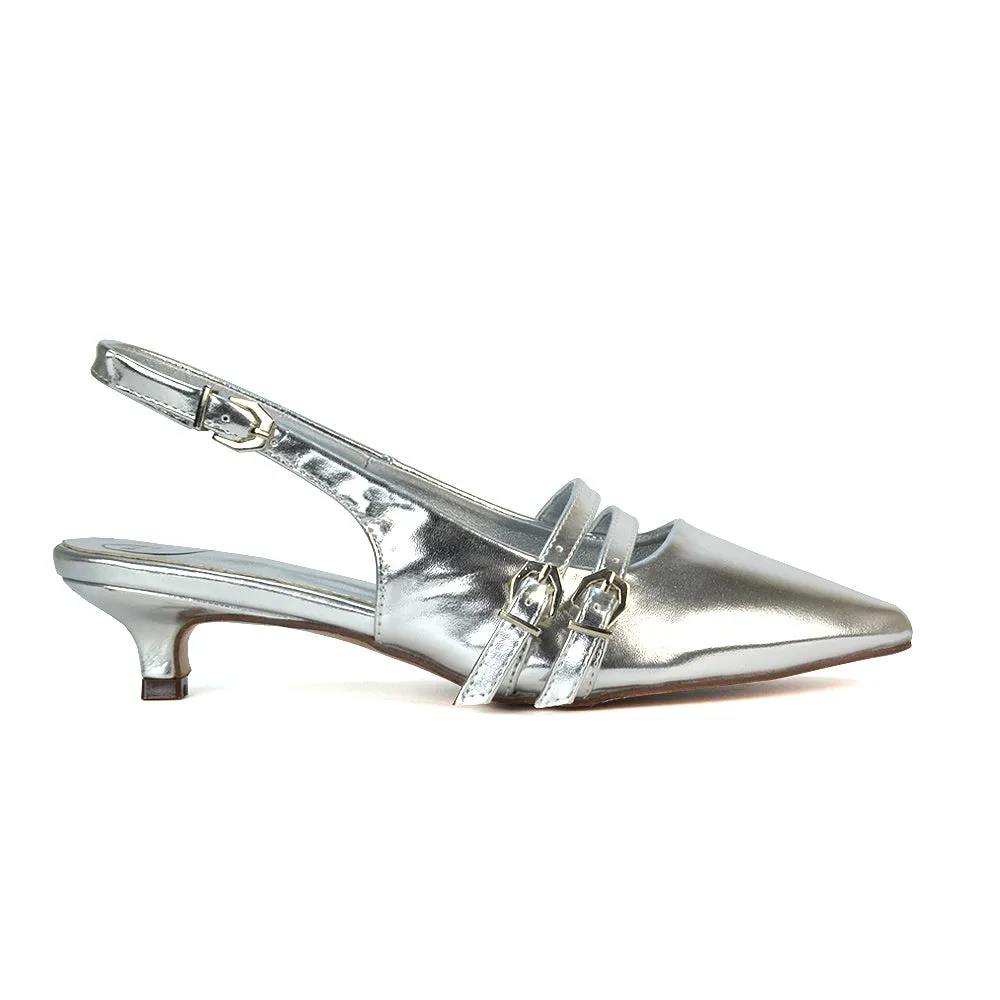 Kaden Kitten Heel Slingback Pointed Toe Buckle Strappy Court Heels in Nude Patent