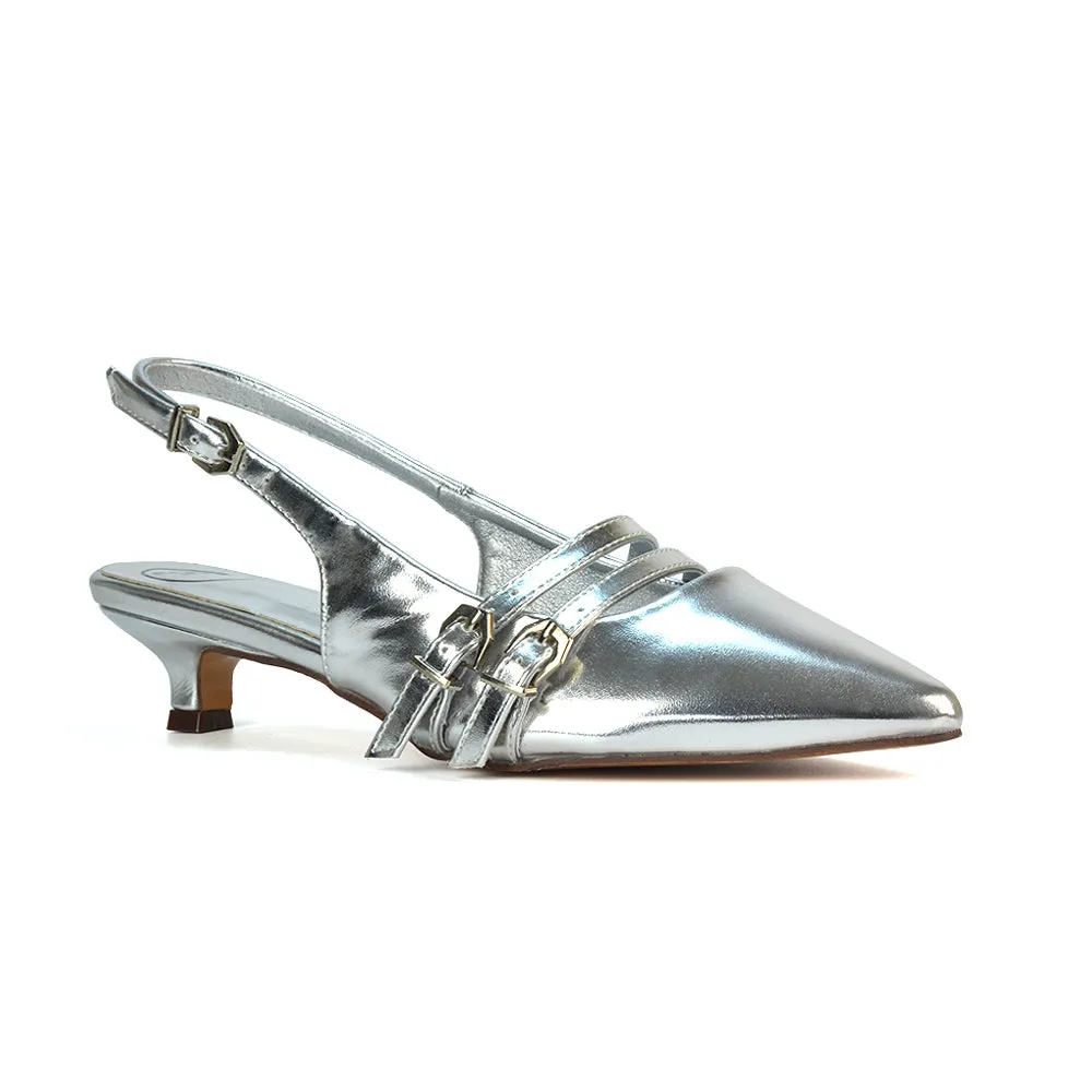 Kaden Kitten Heel Slingback Pointed Toe Buckle Strappy Court Heels in Nude Patent