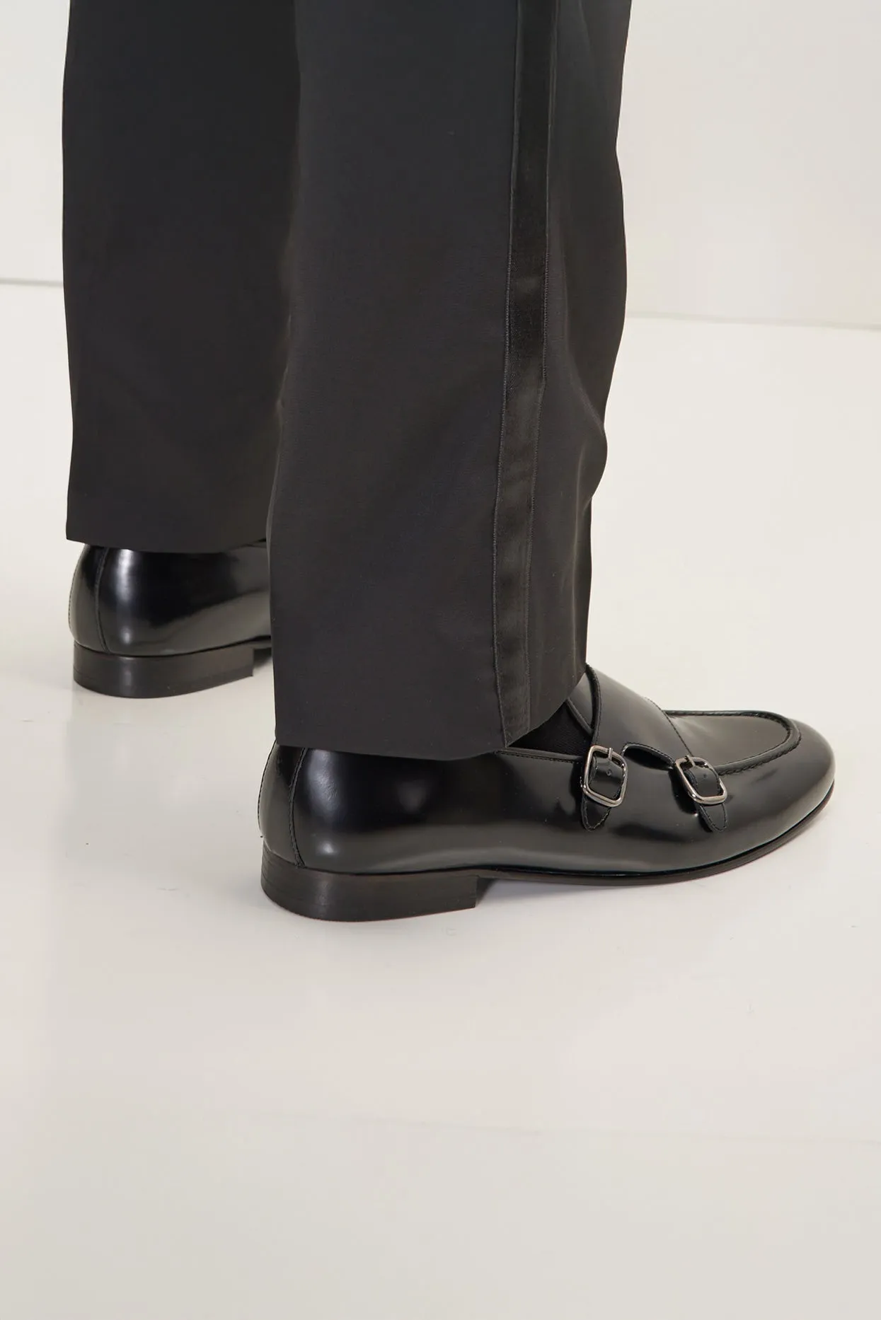 Leather Double Monk Strap Shoes - Black