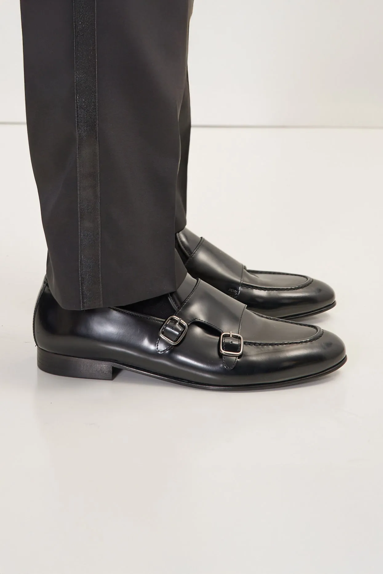 Leather Double Monk Strap Shoes - Black