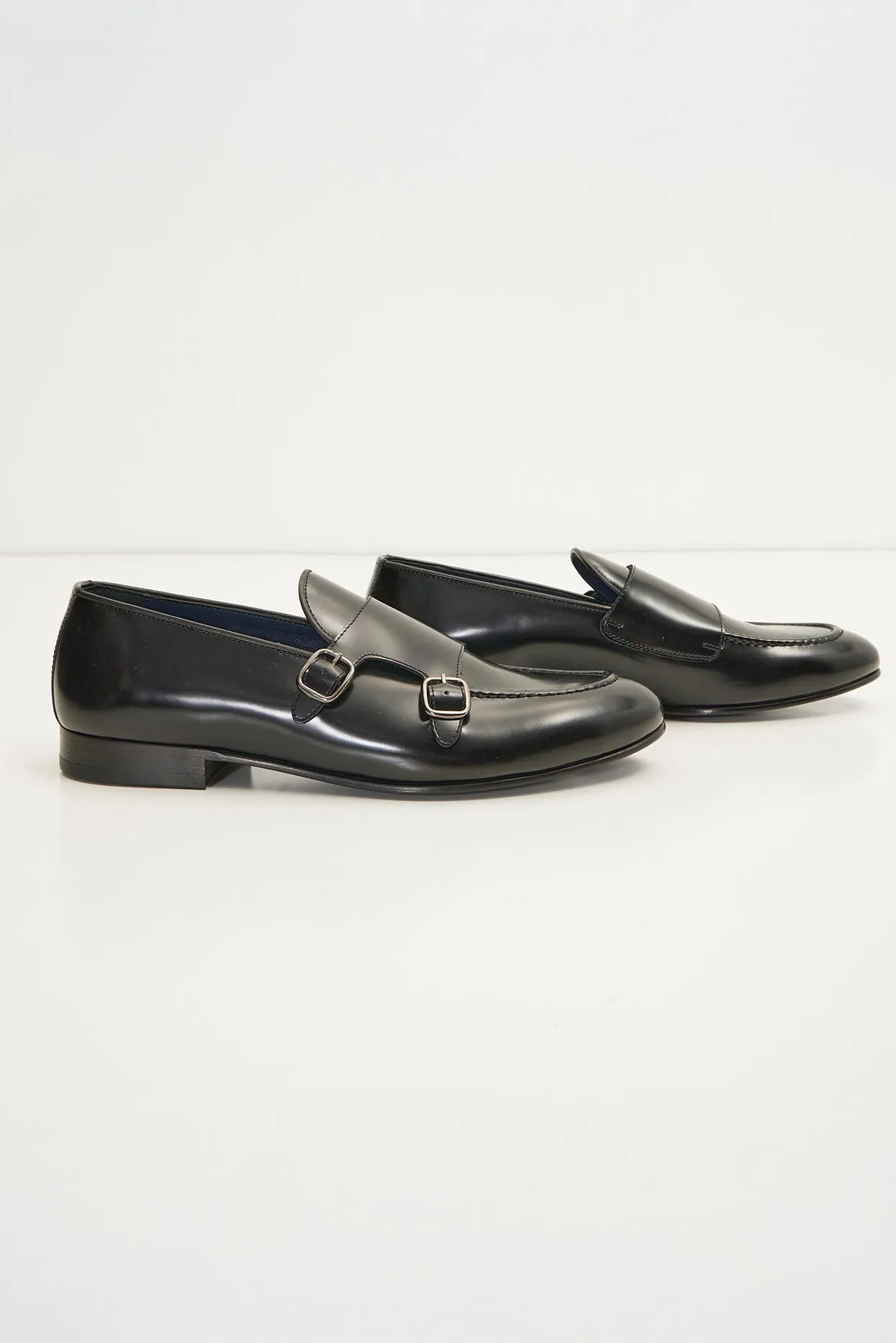 Leather Double Monk Strap Shoes - Black