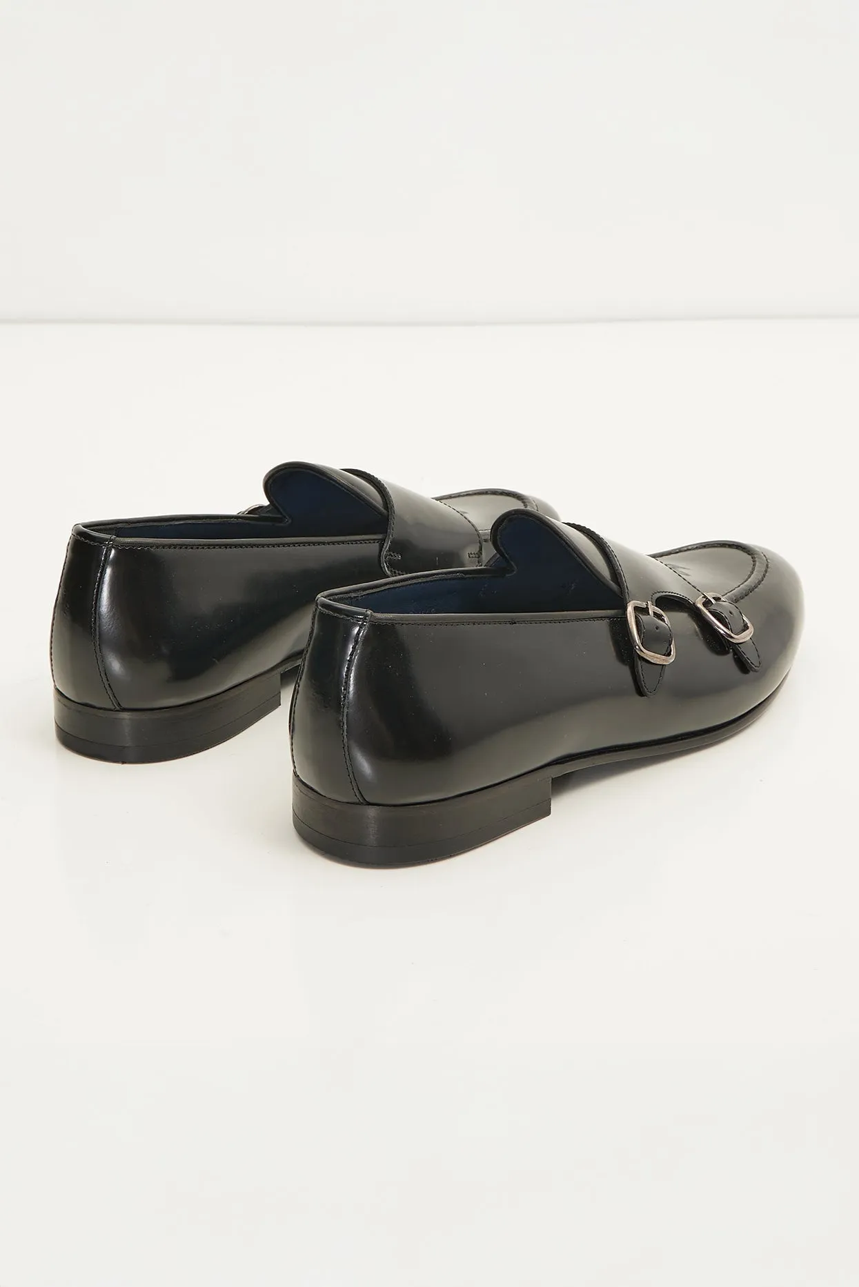 Leather Double Monk Strap Shoes - Black