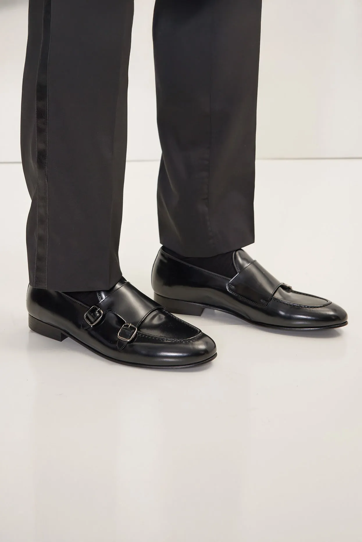 Leather Double Monk Strap Shoes - Black