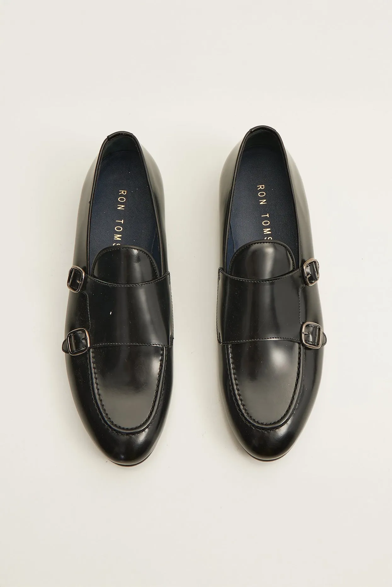 Leather Double Monk Strap Shoes - Black