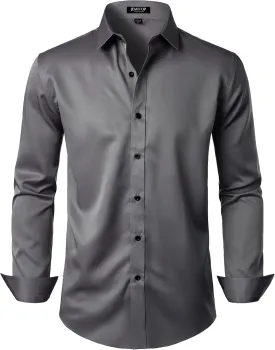 Men's Stretch Wrinkle Free Dress Shirts Formal Wedding Prom Long Sleeve Button Down Shirt