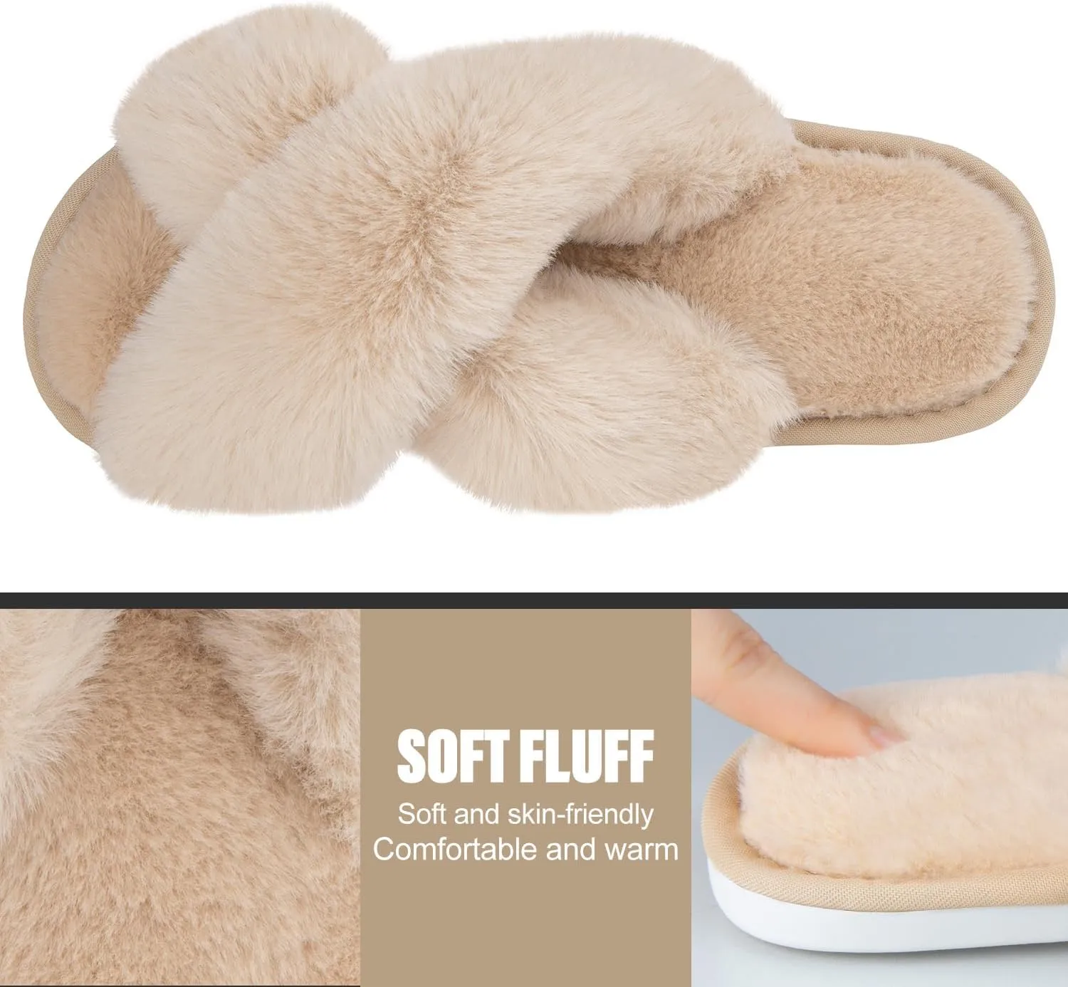 Metog Women's Fuzzy Cross Band Indoor/Outdoor Soft Open Toe Slippers