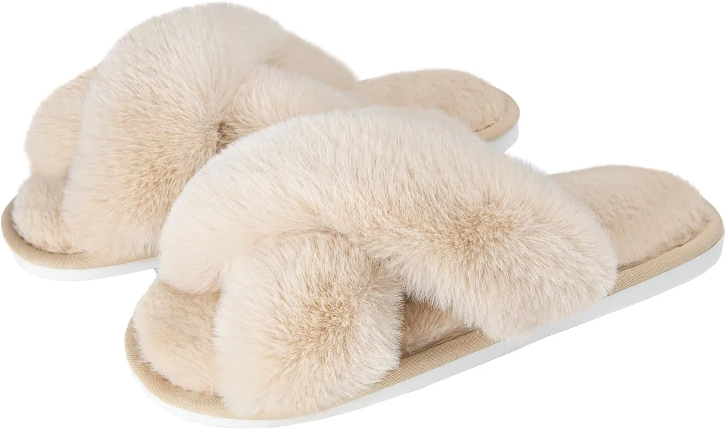 Metog Women's Fuzzy Cross Band Indoor/Outdoor Soft Open Toe Slippers