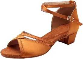 missfiona Girls Latin Dance Shoes Kids Ballroom Practice Low Heels Perfomance Satin Shoes