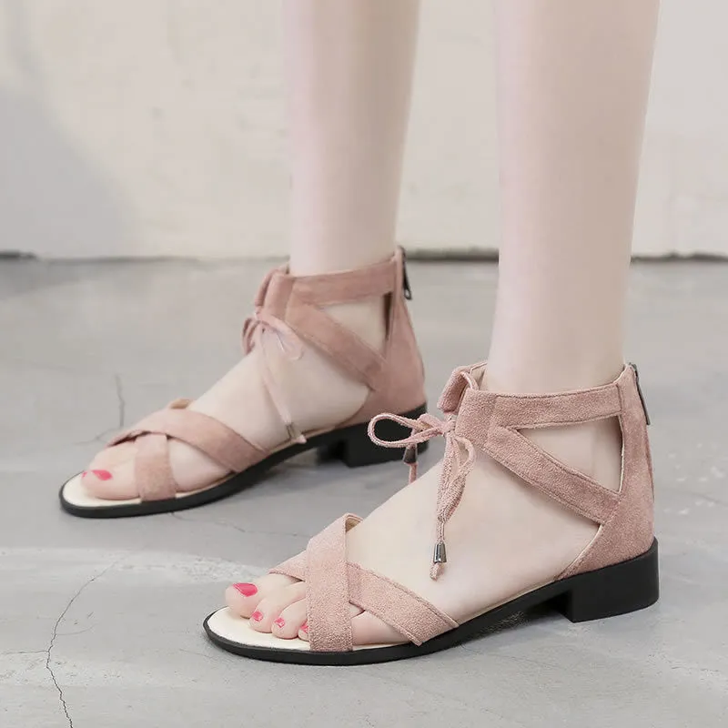 Nude Block Heel Peep Toe Sandals Roman Shoes