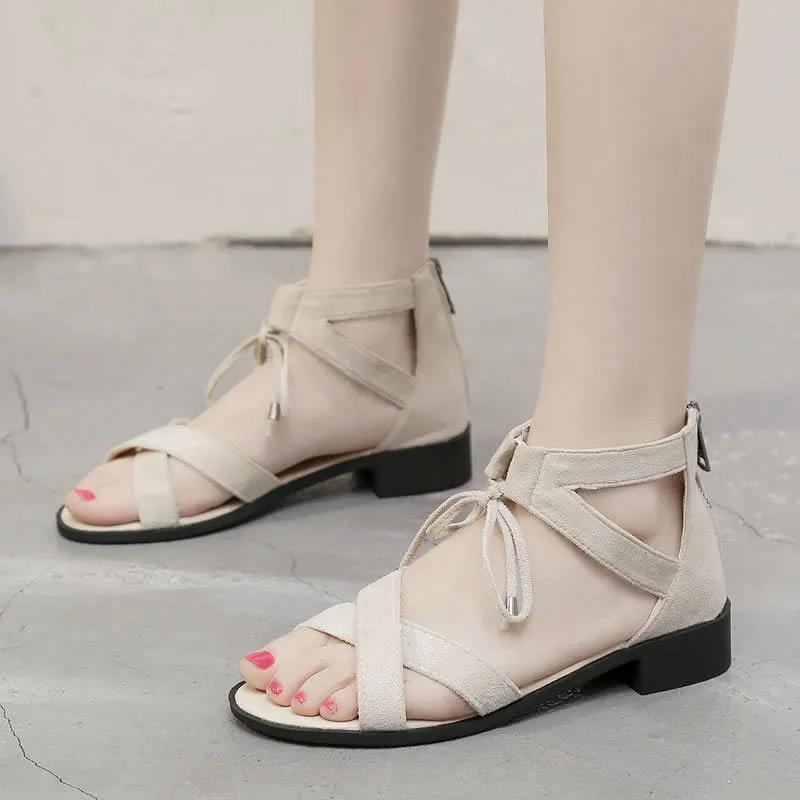 Nude Block Heel Peep Toe Sandals Roman Shoes