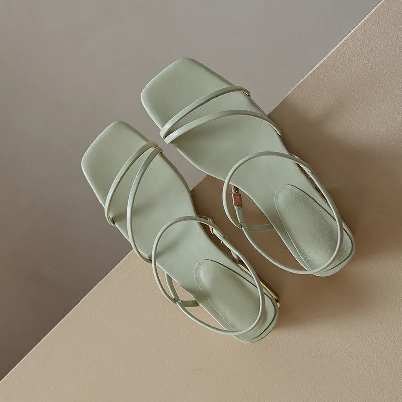 Nude Block Heel Peep Toe Stiletto Sandals Roman Shoes