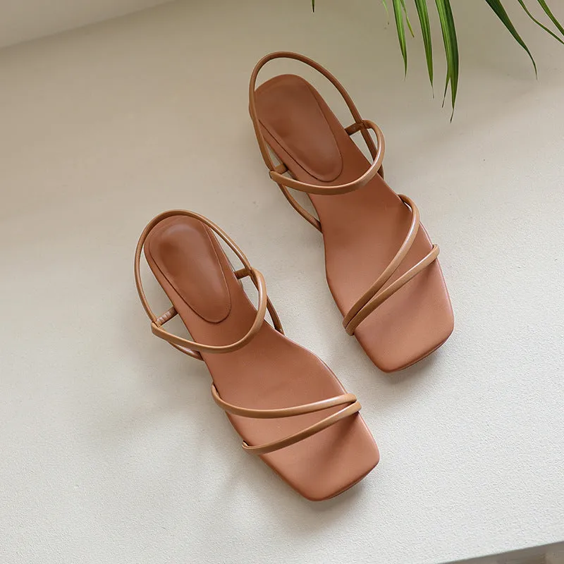 Nude Block Heel Peep Toe Stiletto Sandals Roman Shoes