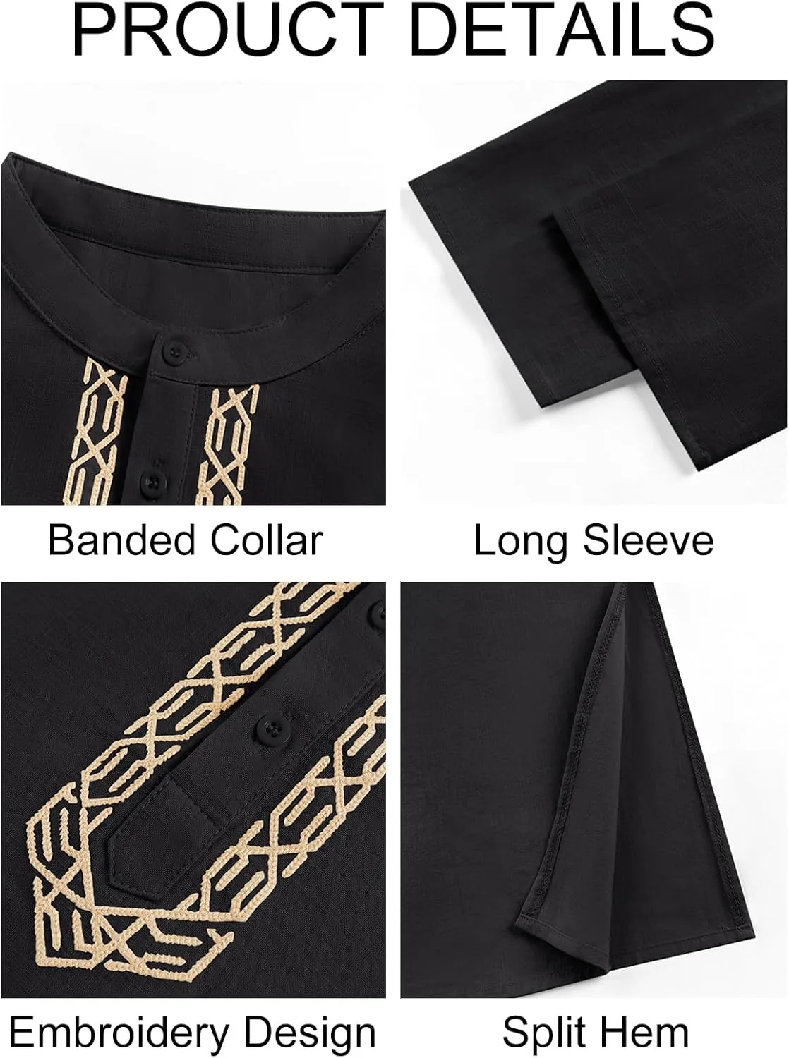 Runcati Mens Kaftan Thobe Button Down Casual Henley Shirts Long Sleeve Robe Cotton Linen Muslim Gown Shirt