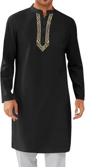 Runcati Mens Kaftan Thobe Button Down Casual Henley Shirts Long Sleeve Robe Cotton Linen Muslim Gown Shirt