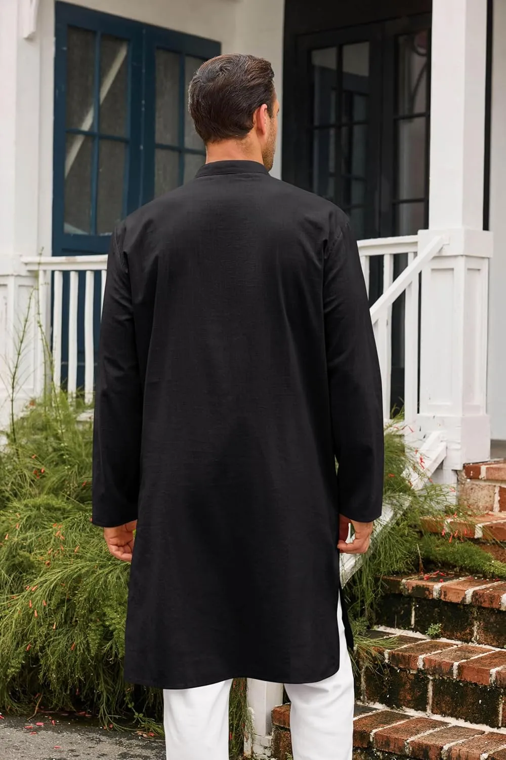 Runcati Mens Kaftan Thobe Button Down Casual Henley Shirts Long Sleeve Robe Cotton Linen Muslim Gown Shirt