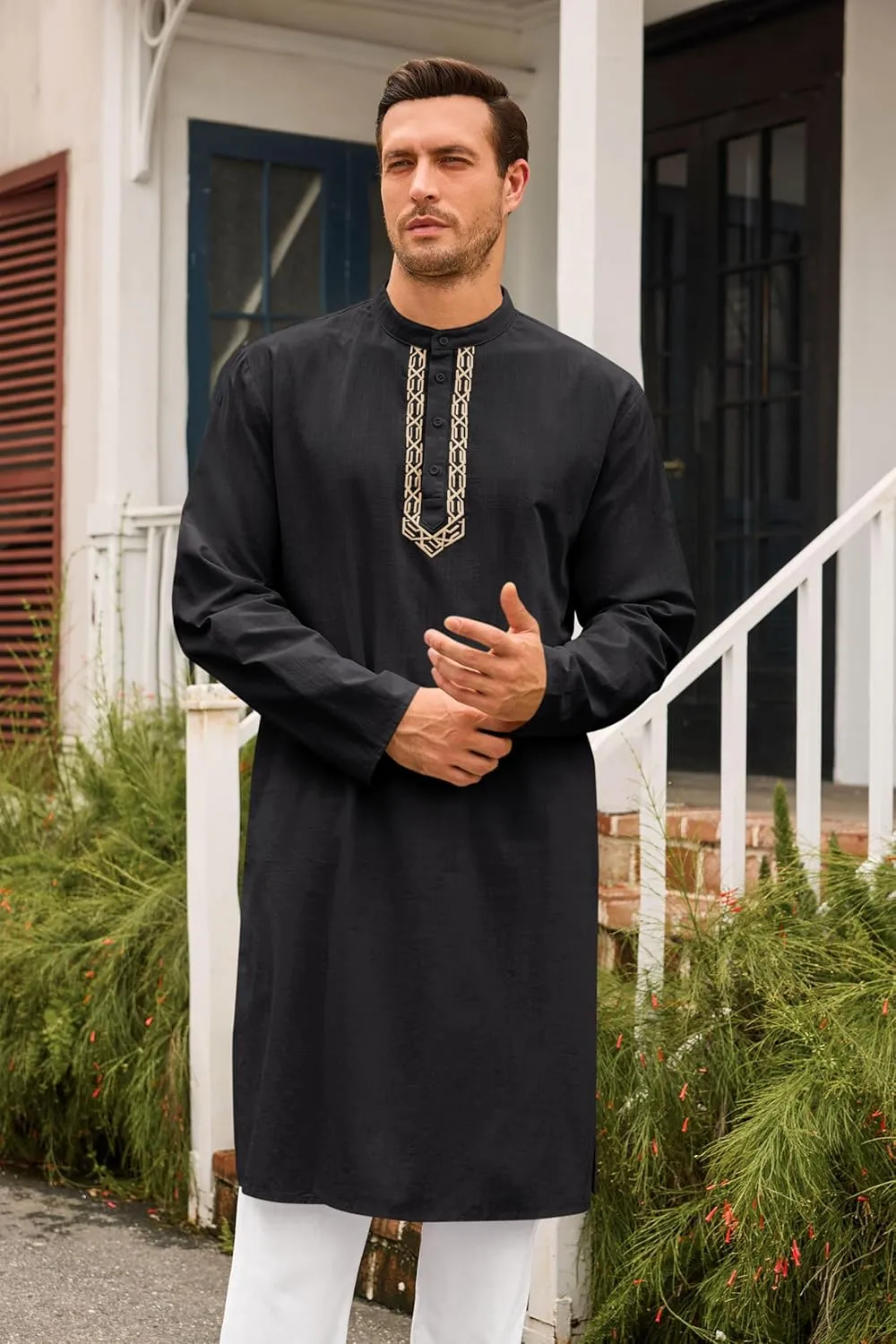 Runcati Mens Kaftan Thobe Button Down Casual Henley Shirts Long Sleeve Robe Cotton Linen Muslim Gown Shirt