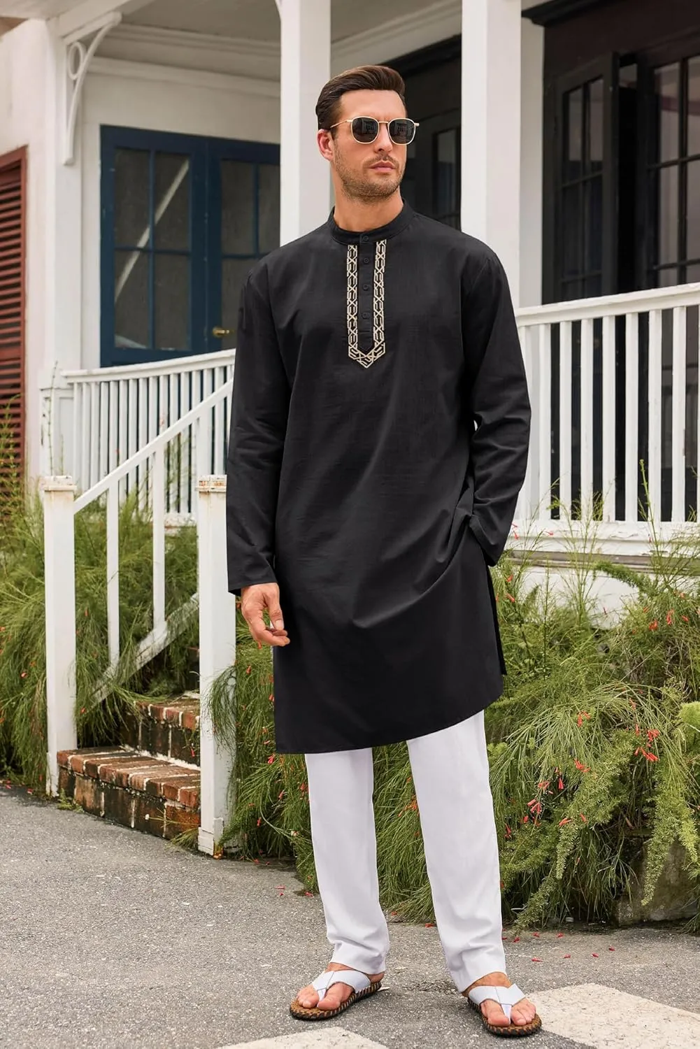 Runcati Mens Kaftan Thobe Button Down Casual Henley Shirts Long Sleeve Robe Cotton Linen Muslim Gown Shirt