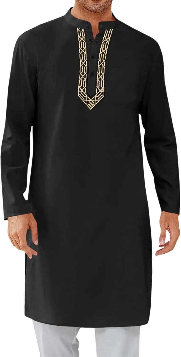Runcati Mens Kaftan Thobe Button Down Casual Henley Shirts Long Sleeve Robe Cotton Linen Muslim Gown Shirt
