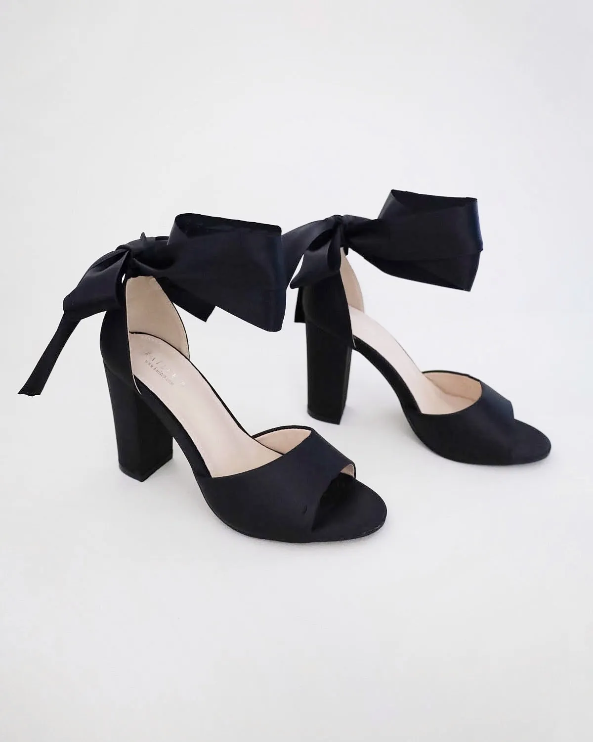 Satin Block Heel Evening Sandals with Wrapped Ribbon Tie