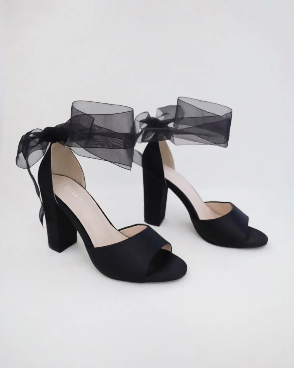 Satin Block Heel Evening Sandals with Wrapped Ribbon Tie
