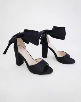 Satin Block Heel Evening Sandals with Wrapped Ribbon Tie