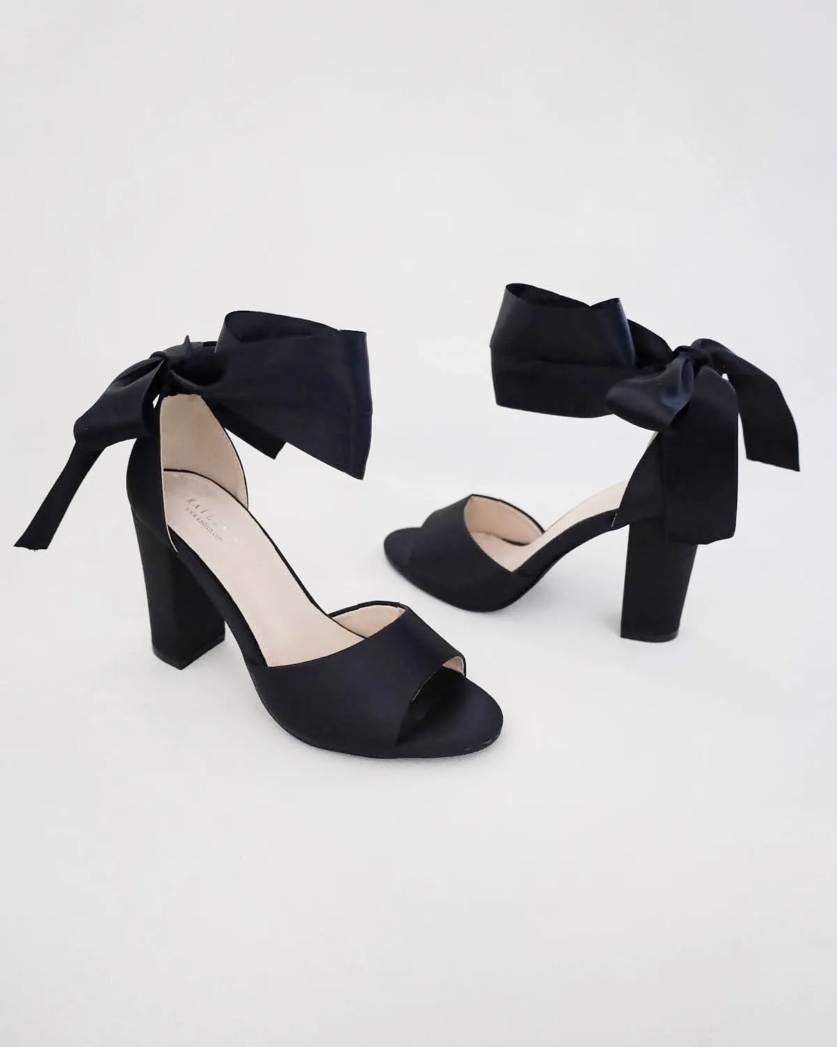 Satin Block Heel Evening Sandals with Wrapped Ribbon Tie