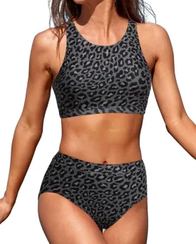 Tempt Me Women High Waisted Bikini Two Piece Swimsuits High Neck Crop Top Racerback Sporty Bathing Suits for Teen Girls