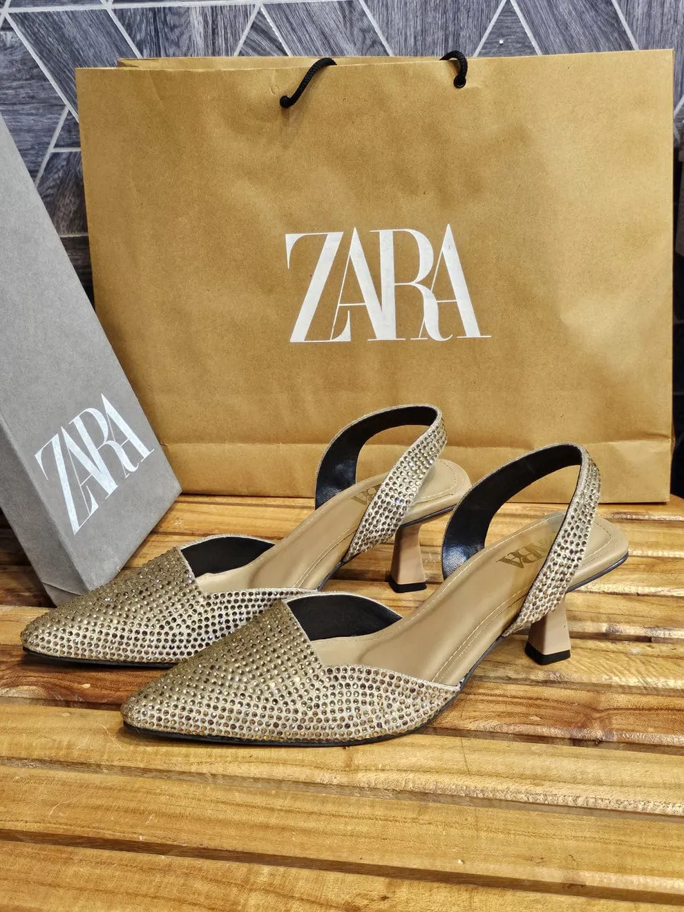 ZARA STONE EMBELLISHED KITTEN HEELS - GOLD